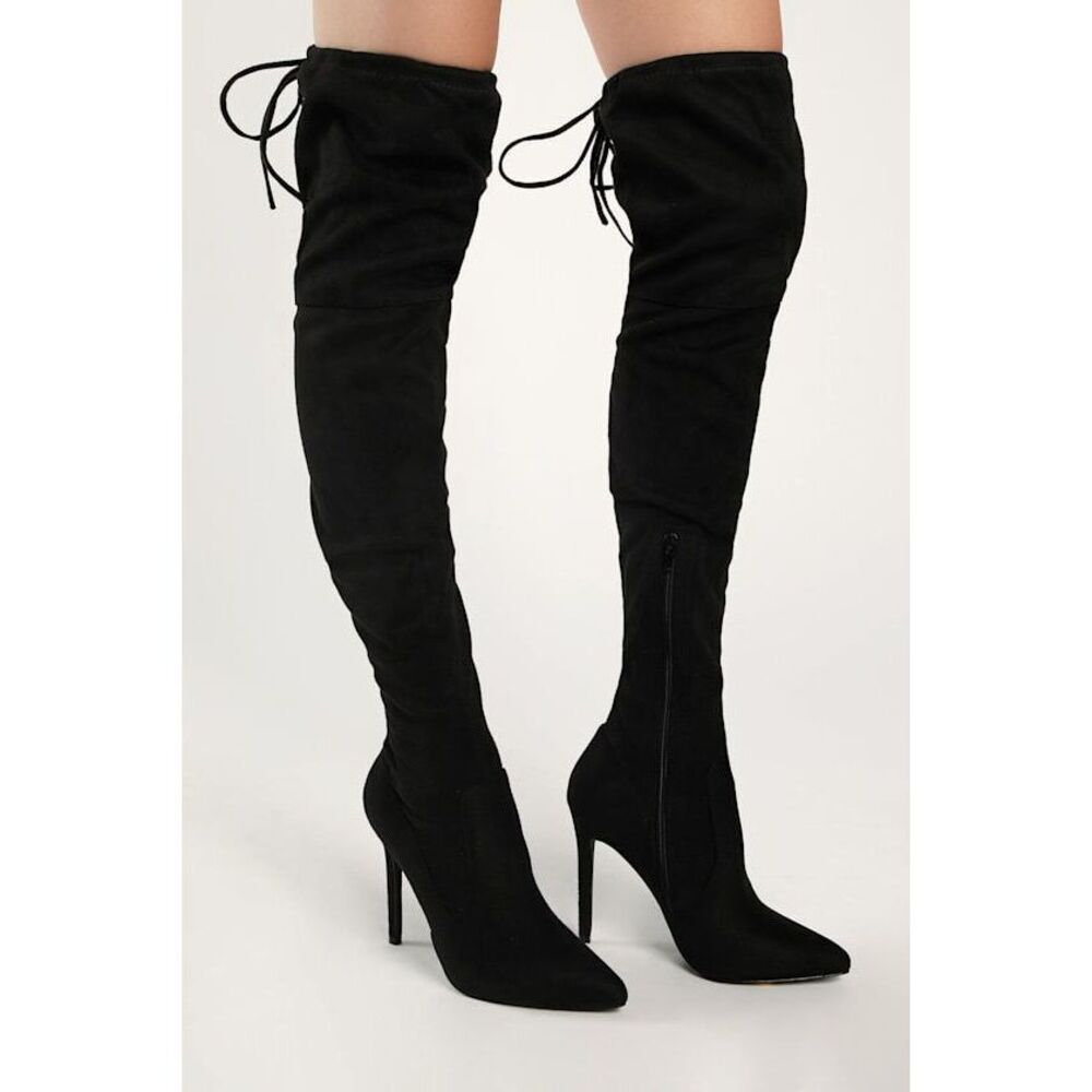 Lulus Natiee Black Suede Pointed-toe Over-the-knee Boots - Size 7